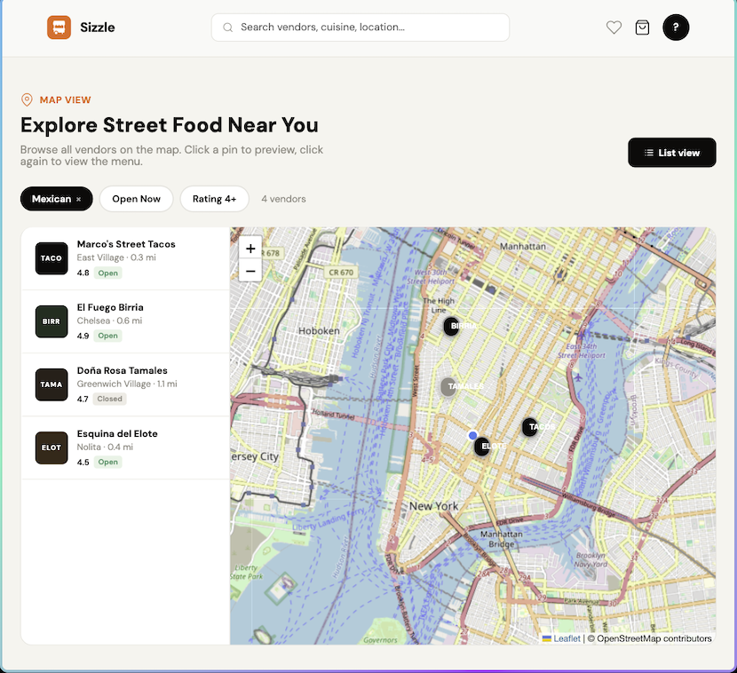 Street Vendor Finder landing page with the live NYC vendor map